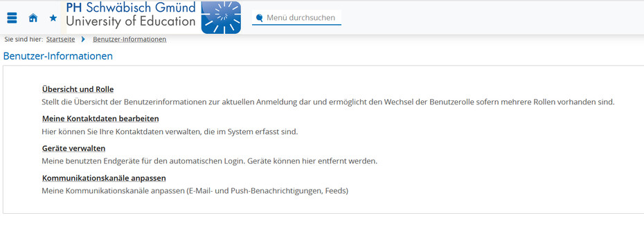 Screenshot Campus-Portal Auswahlmöglichkeiten Benutzer-Information