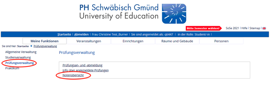 Screenshot LSF, Prüfungsverwaltung und Notenübersicht sind rot eingekreist