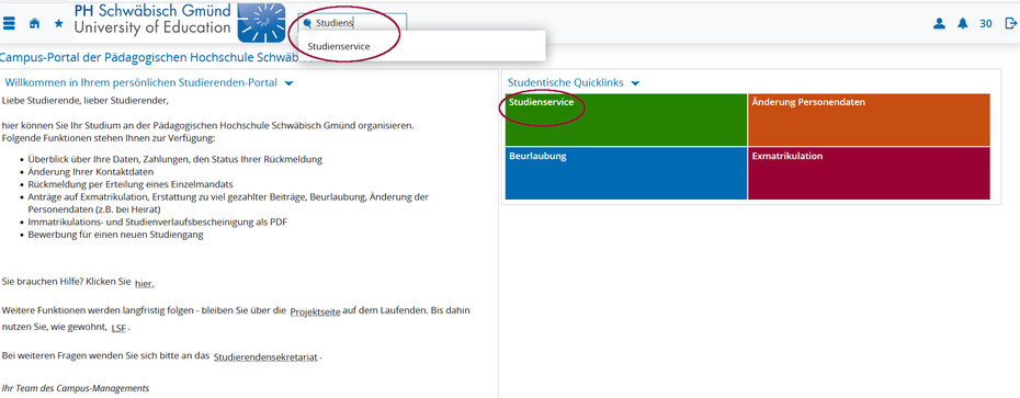 Screenshot Campus-Portal Startseite mit zwei roten Kreisen, die die Möglichkeiten der Navigation zeigen