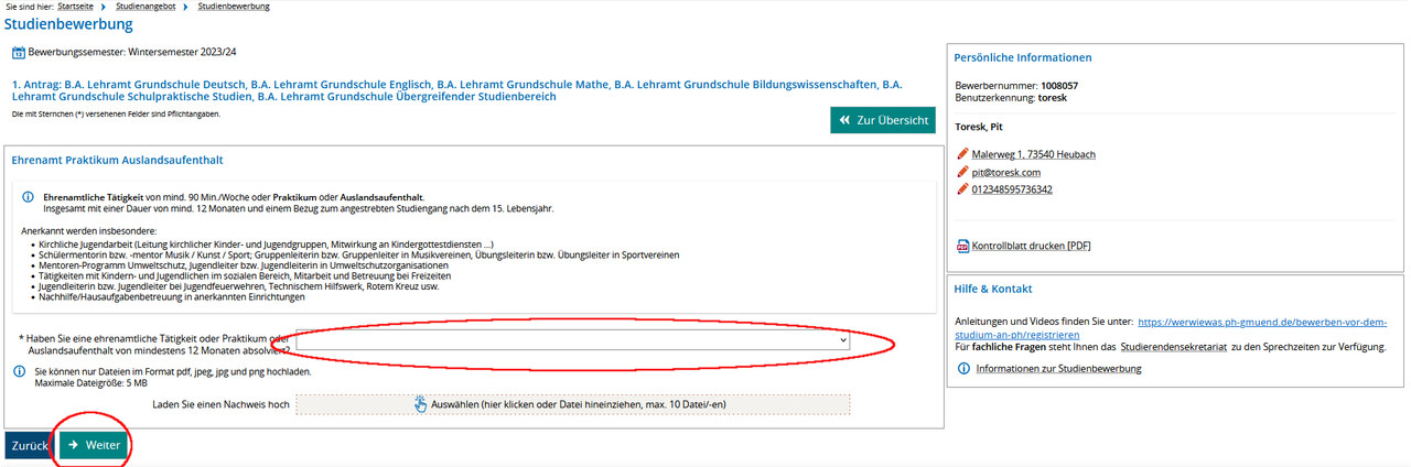 Screenshot Campus-Portal Ehrenamt, Praktikum, Auslandsaufenthalt