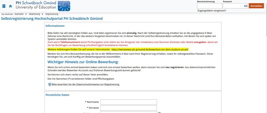 Screenshot Campus-Portal Ausschnitt Formular Selbstregistrierung