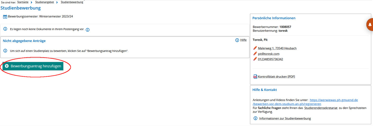 Screenshot Campus Portal - Bereich Studienbewerbung