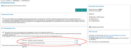 Screenshot Campus-Portal Bewerbungsantrag Lehramt Grundschule - Abschluss und Studienfach ist rot eingekreist