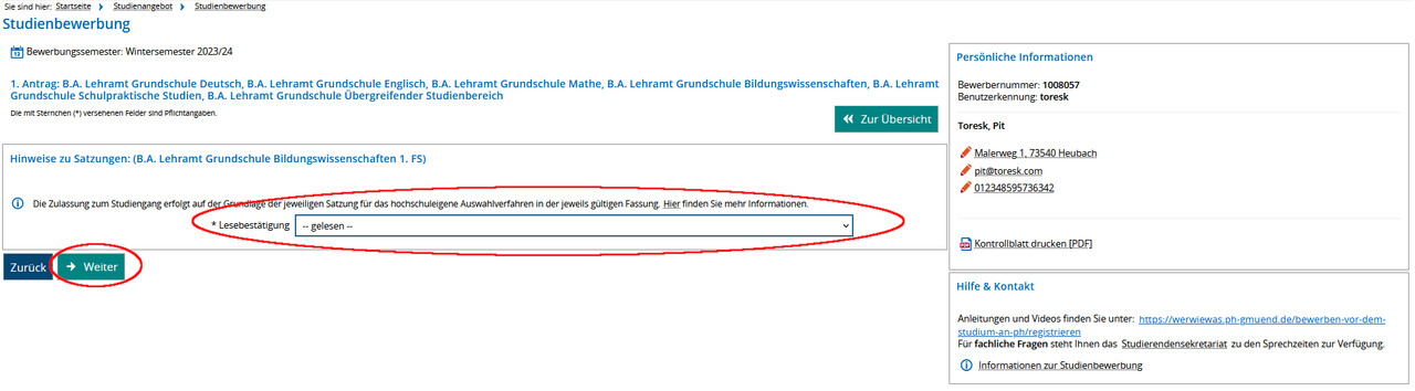 Screenshot Campus-Portal Bewerbung - Lesebestätigung Satzung