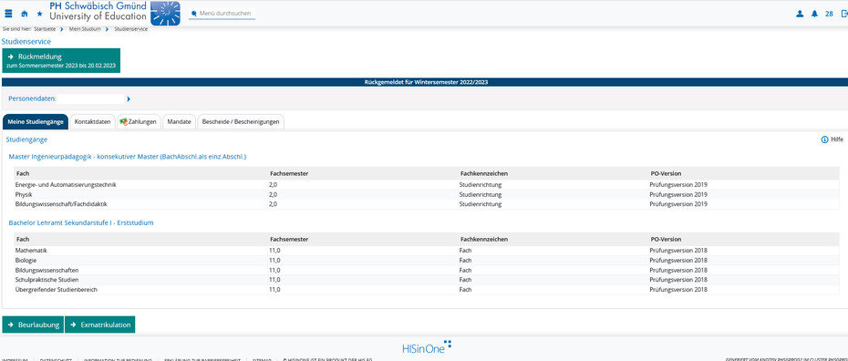 Screenshot Campus-Portal Studienservice