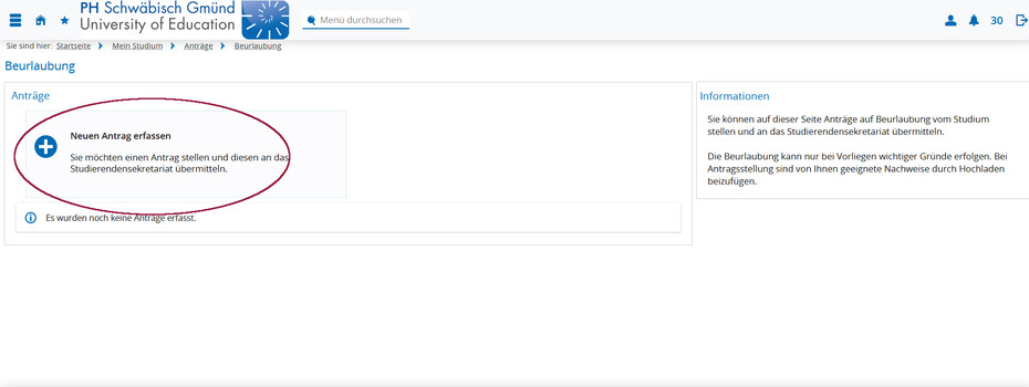 Screenshot Campus-Portal: Beispiel Antrag auf Beurlaubung