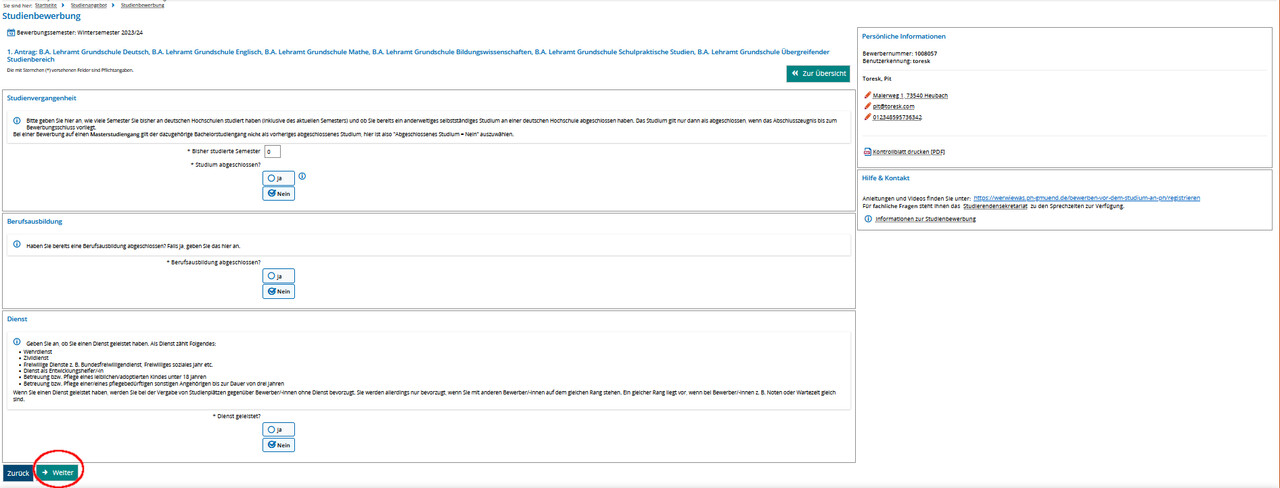 Screenshot Campus-Portal Studienvergangenheit, Beruf, Dienst