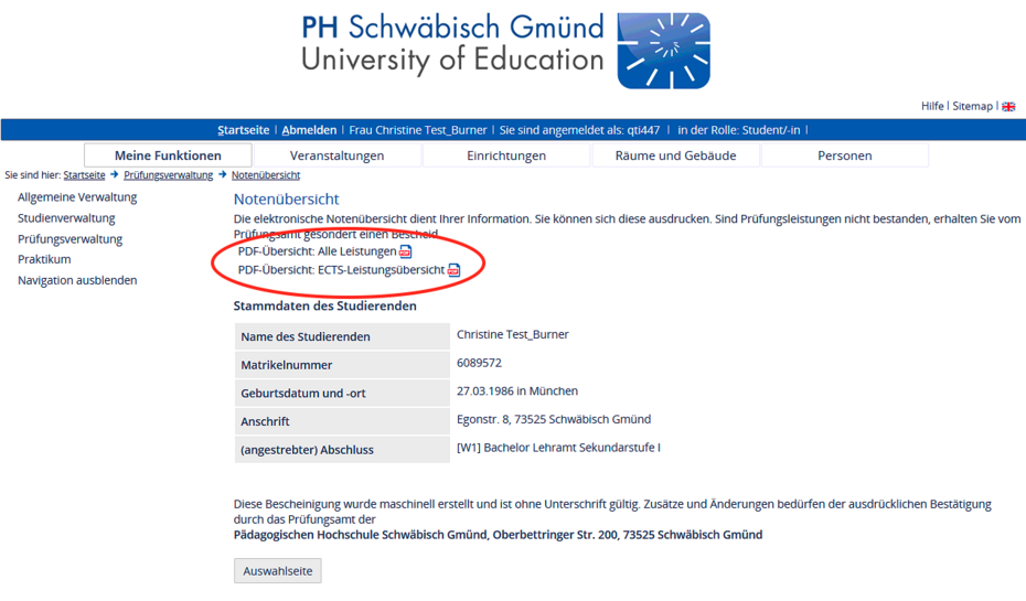 Screenshot LSF - rot eingekreist PDF "Alle Leistungen" und "ECTS-Leistungsübersicht" und 