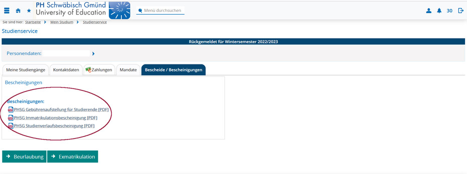 Screenshot Campus-Portal Bescheide/Bescheinigungen generieren