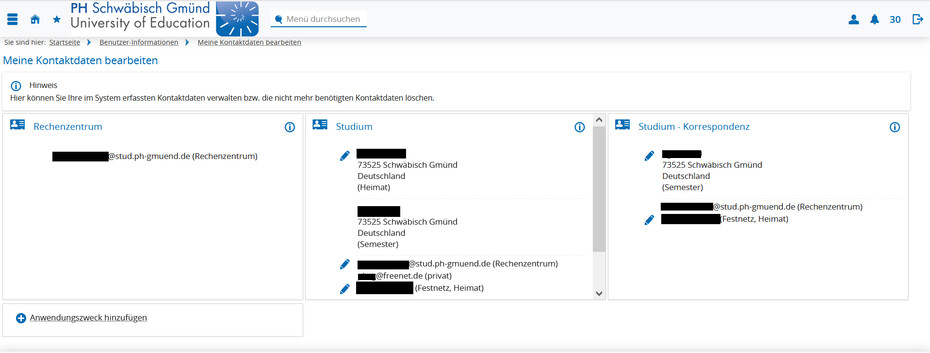 Screenshot Campus-Portal Kontaktdaten bearbeiten