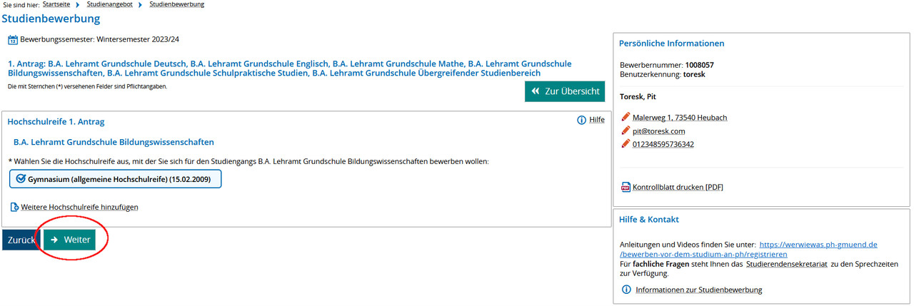 Screenshot Campus-Portal - Auswahl der Hochschulreife