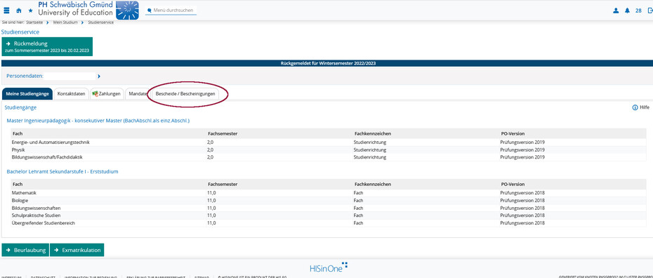 Screenshot Campus-Portal Studienservice