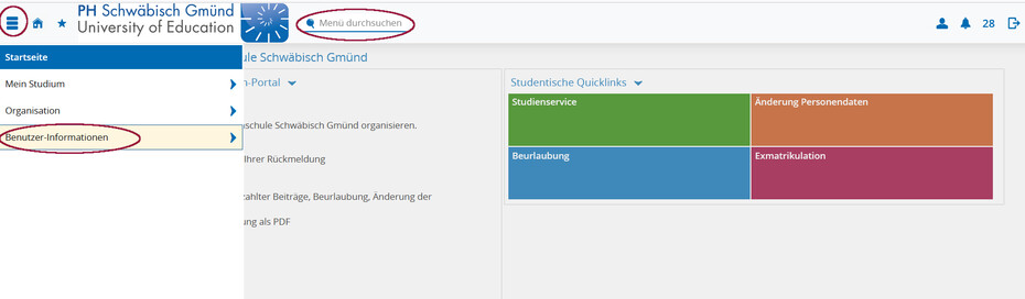 Screenshot Campus-Portal mit Kreisen, die zeigen wie man zur Benutzer-Information navigiert
