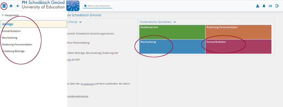 Screenshot Campus-Portal Auswahl der Anträge