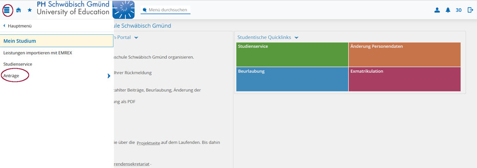 Screenshot Campus-Portal mit roten Kreisen die zu den Anträgen navigieren
