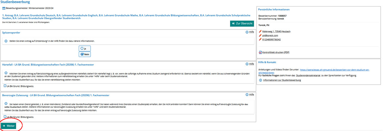 Screenshot Campus-Portal Bewerbungsvorgang - Abfrage Spitzensportler, Härtefall und bevorzugte Zulassung
